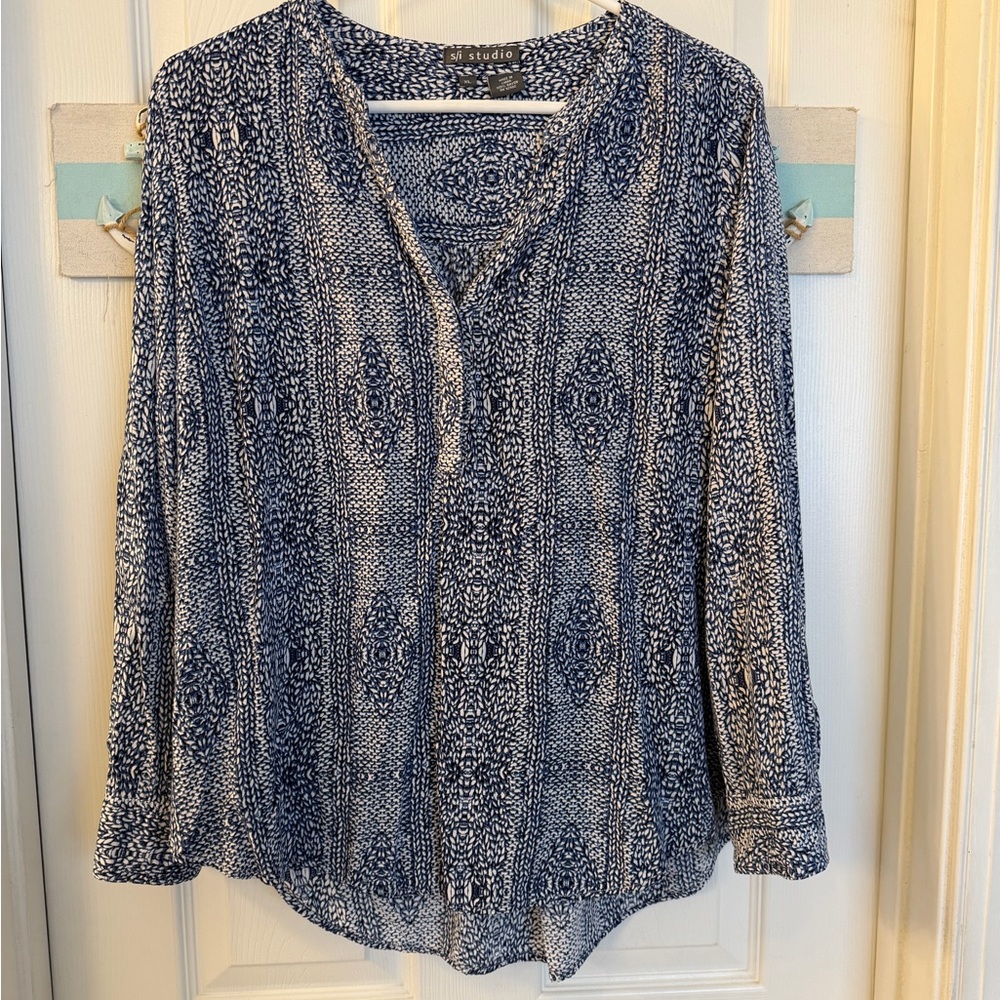 S/I Studio Blue & White Lightweight Boho Tunic Top Sz Lg